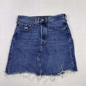 Levi's Premium High Rise Deconstructed Denim Mini Skirt 27 Blue Raw Hem